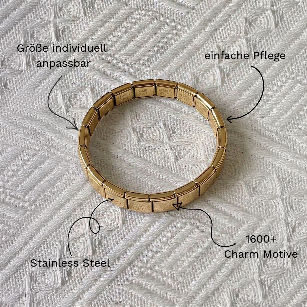 Goldenes Italian Charm Bracelet in Stainless Steel. Größe individuell anpassbar und einfache Pflege