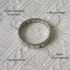 Italian Charm Bracelet in Silber in Detailaufnahme mit USP Beschreibung: Stainless Steel, mit 1600 Charms Kompatibel und einfach auszutauschen.